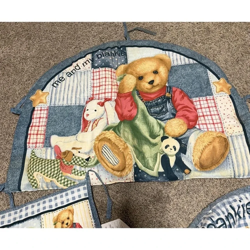 Blue Jean Teddy Baby Crib Bedding Set Quilt Vintage 4 PC